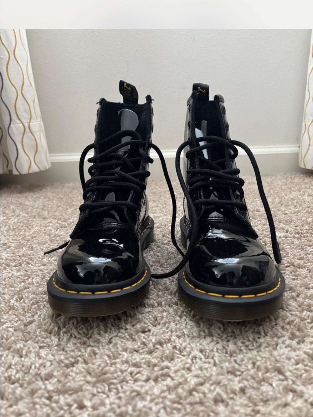 Black Patent Combat Boots with Yellow Stitching - Dr. Martens Style